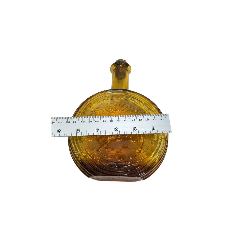 Vintage Amber Glass Bull Decanter Made in Italy Cork Stopper Round Bottle 8.5in